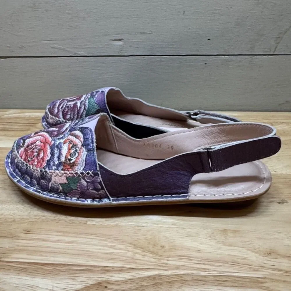 Anuschka Hand-painted Leather Adjustable Slingback Flats Women's EU Sz 39 US 8.5